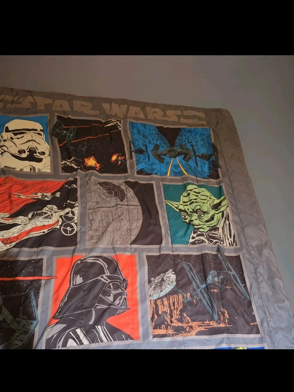 Vintage 70's- 80's Star Wars Gray Comforter with Multi-Color Character Panels